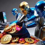 captivating robots stealing a bag of colorful crypto currency. Blues, Greys and gold. realistic. Some robots sitting in front of computers with trading software open on screen (4)