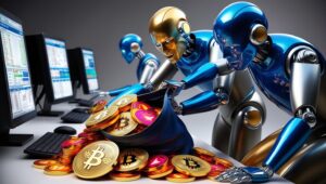 captivating robots stealing a bag of colorful crypto currency. Blues, Greys and gold. realistic. Some robots sitting in front of computers with trading software open on screen (4)