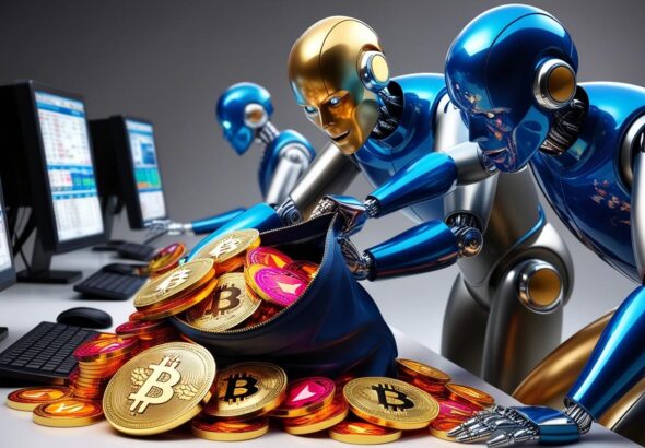 captivating robots stealing a bag of colorful crypto currency. Blues, Greys and gold. realistic. Some robots sitting in front of computers with trading software open on screen (4)