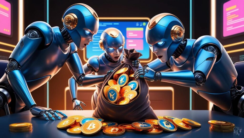 captivating robots stealing a bag of colorful crypto currency. Blues, Greys and gold. realistic. chat room theme