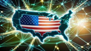 visually striking 3d image of blockchain . USA emerging as a fintech powerhouse